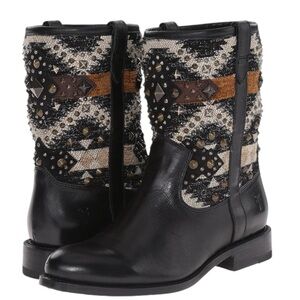 Frye Jayden Navajo Black Leather and Mixed Media & Studs Mid Calf Height Boots
